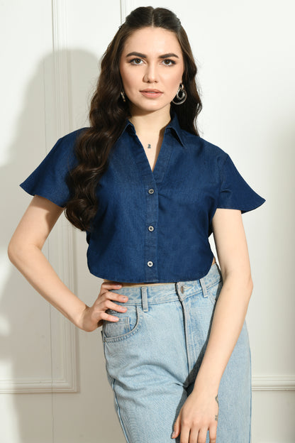 blue cropped shirt